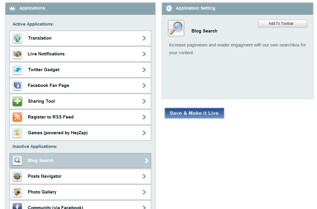 Wibya 'add applications' dashboard
