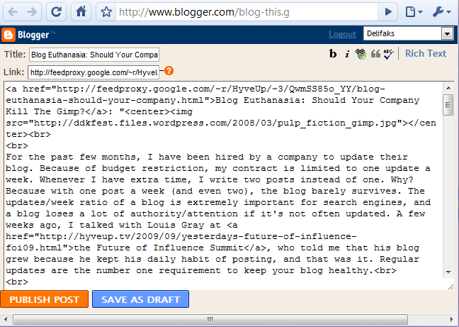 Google Reader sendto Blogger